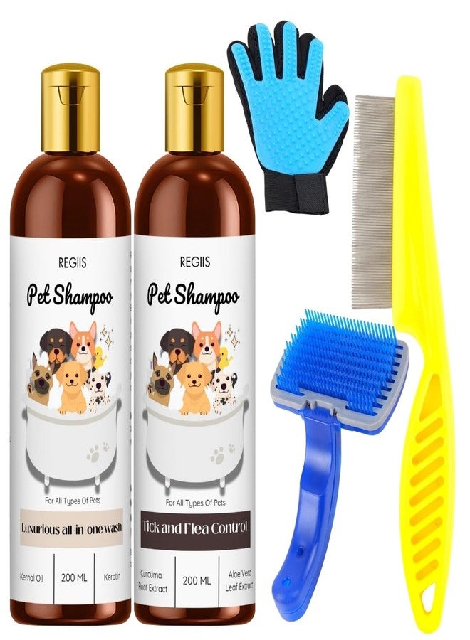 REGIIS Pet Shampoo Set with Grooming Tools, 2 Bottles 200ML All-in-One Wash and Tick and Flea Control, Includes Deshedding Glove, Slicker Brush, Metal Comb for Dogs and Cats(5 Pack) - Image 1